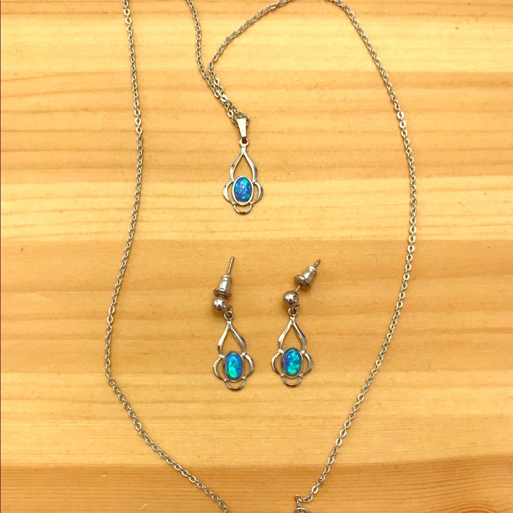 Blue opals in sterling silver necklace & earrings